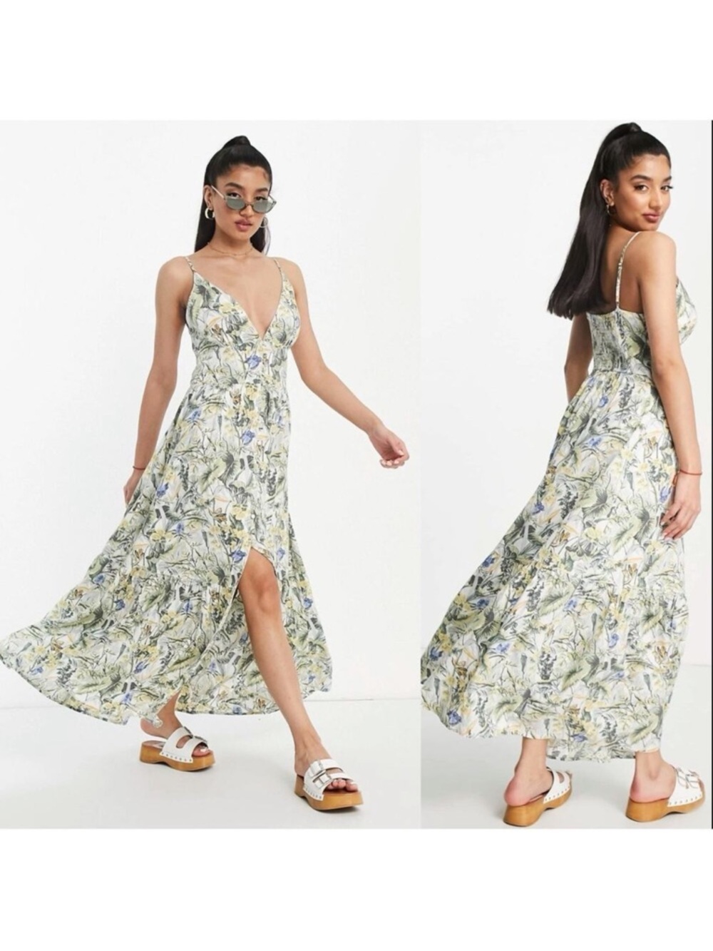 Abercrombie & Fitch Plunge Floral Maxi Dress in Green and Cream